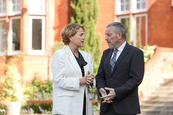 Community Foundation Ireland Chief Executive, Denise Charlton, discussing latest trends in Irish Philanthropy with Minister of State in the Department of Rural and Community Development, Jerry Buttimer, TD.
